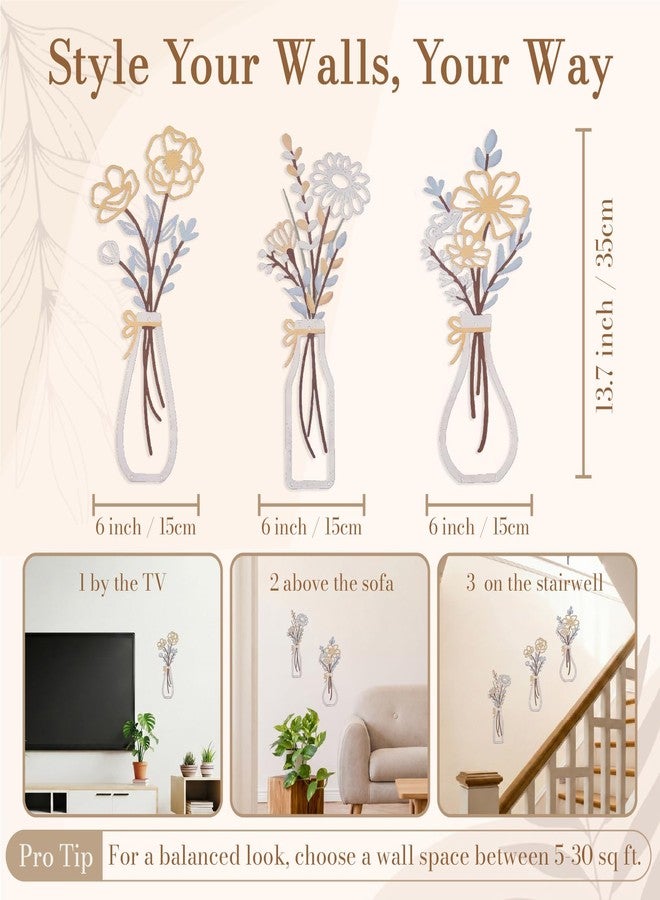colorleaf 3 Piece Lightweight Metal Wall Decor, Bathroom Wall Art Minimalist Flower Artwork for Kitchen Living Room Bedroom, Housewarming Gifts (13.7" x 6") - Image 2