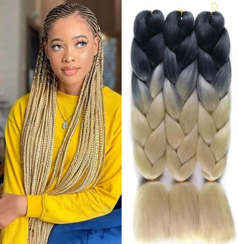 Excefore Ombre Braiding Hair 24 Inch, 3 Packs 24 Inch Braiding Hair, Extension Ombre Colors Hot Water Seal Soft High Temperature Braiding Hair, Heat Resistance Synthetic Hair for Braiding (Black-Blonde) - Image 1
