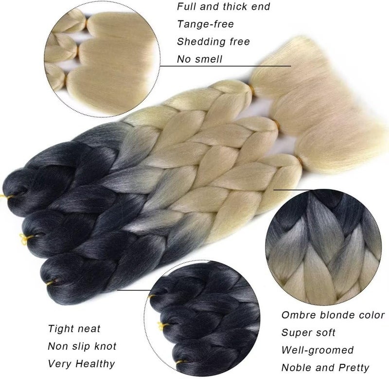 Excefore Ombre Braiding Hair 24 Inch, 3 Packs 24 Inch Braiding Hair, Extension Ombre Colors Hot Water Seal Soft High Temperature Braiding Hair, Heat Resistance Synthetic Hair for Braiding (Black-Blonde) - Image 2