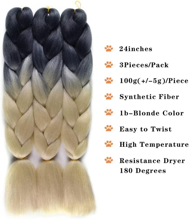 Excefore Ombre Braiding Hair 24 Inch, 3 Packs 24 Inch Braiding Hair, Extension Ombre Colors Hot Water Seal Soft High Temperature Braiding Hair, Heat Resistance Synthetic Hair for Braiding (Black-Blonde) - Image 3