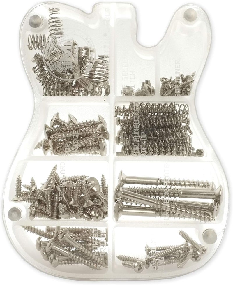 MAKA Guitar Screw Kit Assortment with Custom Acrylic Storage Box for Electric Guitar Bridge, Pickup, Pickguard, Tuner, Switch, Neck Plate, with Springs, Chrome - Image 1