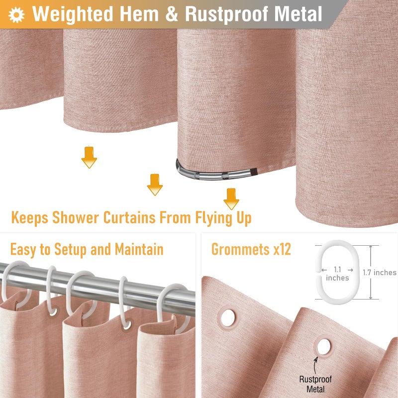 BTTN Blush Fabric Shower Curtain - Linen Textured Weighted Cloth Shower Curtain Set with 12 Plastic Hooks, Machine Washable, Hotel Spa Luxury, Decorative Neutral Bath Curtains for Bathroom, 72x72 - Image 4