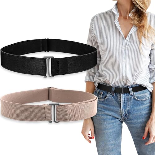 HAWOWZ 2Pcs No Show Stretch Belt for Women Invisible Elastic Belt Stretch, Adjustable Strap Belt with Flat Buckle for Jeans Pants Dresses - Image 1