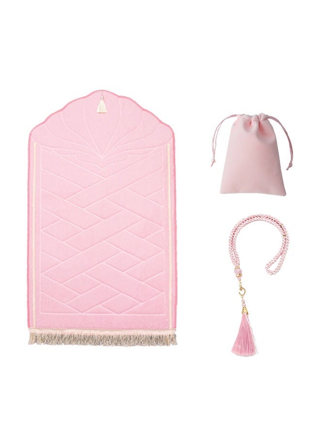 Luxury Prayer Mat Set (3-Piece) - Soft Coral Fleece Sponge Sajadah with Prayer Beads & Matching Beads Pouch - Anti-Slip Embossed Janamaz Carpet for Home, Travel & Ramadan Gift (65x110cm) - Image 1
