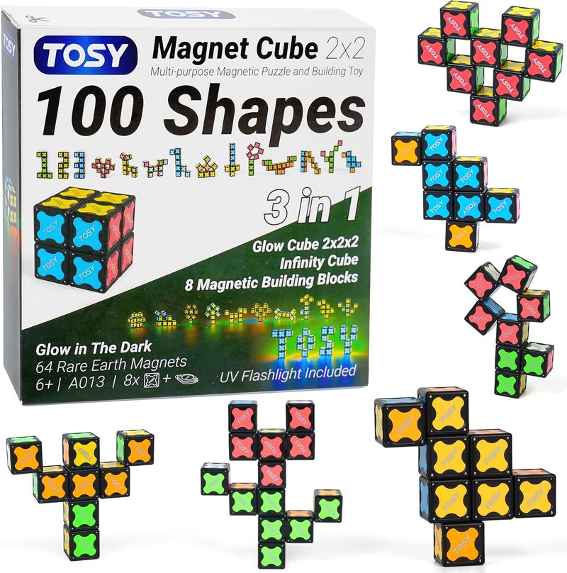TOSY Magnet Cube 2x2 - 8 Blocks, 2-in-1 Toy: Puzzle & Infinity Cube, Glow-in-the-Dark Gift for Kids/Grandkids - Image 1