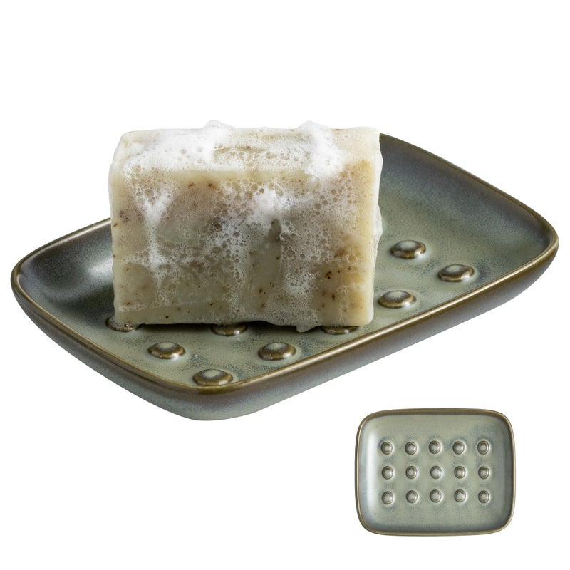 Miamolo Ceramic Soap Dish for Shower, Non-Slip Bar Soap Saver Tray Bar for Bathroom Kitchen Sink Bathtub, Easy to Clean, Raised Pattern - Keep Soap Dry, Dark Green - Image 1
