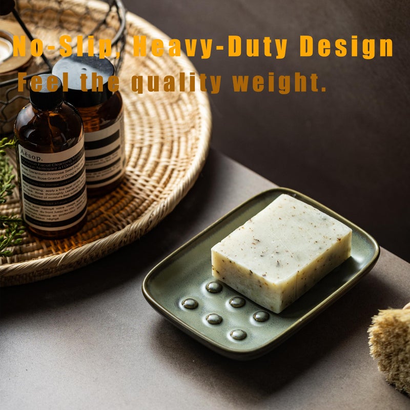 Miamolo Ceramic Soap Dish for Shower, Non-Slip Bar Soap Saver Tray Bar for Bathroom Kitchen Sink Bathtub, Easy to Clean, Raised Pattern - Keep Soap Dry, Dark Green - Image 4