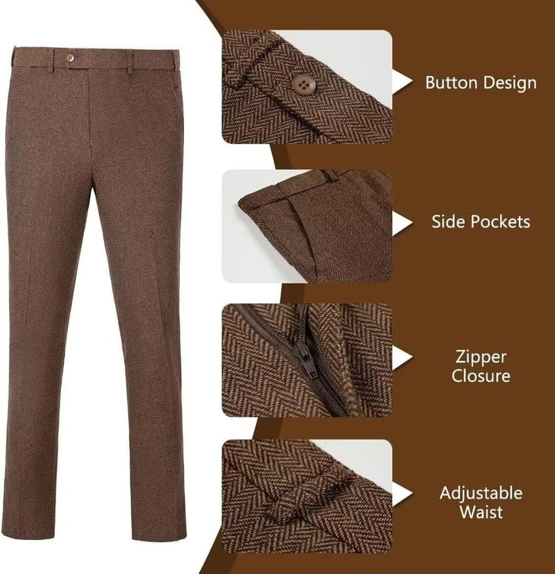 BOFAN Mens Tweed Herringbone Tuxedos Slim Fit 3 Pieces Blazer Suit Mens Wedding Suit Dress Tuxedos Prom Suit Jacket Vest Pants Brown-XS - Image 5