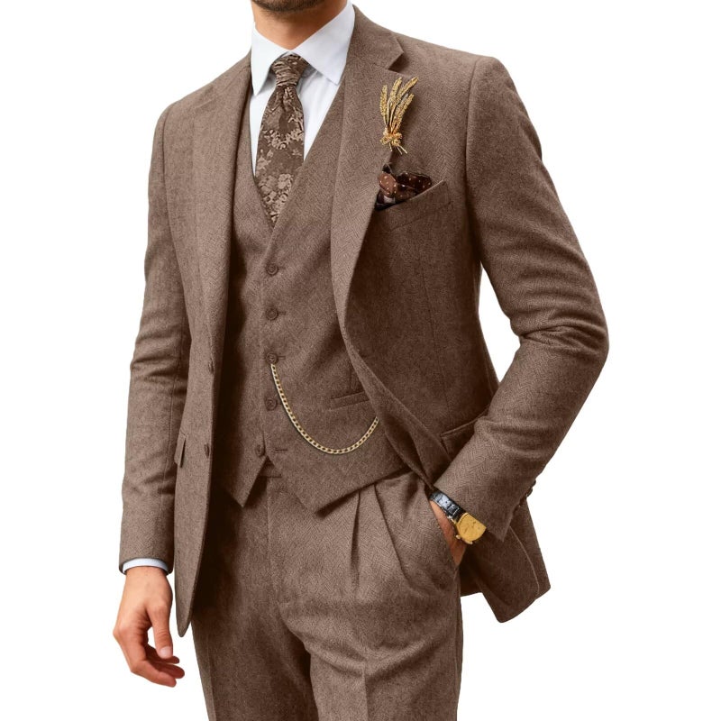 BOFAN Mens Tweed Herringbone Tuxedos Slim Fit 3 Pieces Blazer Suit Mens Wedding Suit Dress Tuxedos Prom Suit Jacket Vest Pants Brown-XS - Image 1