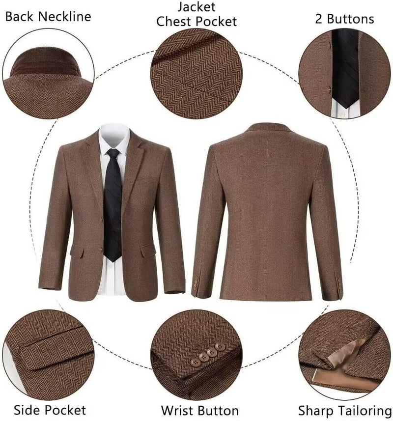 BOFAN Mens Tweed Herringbone Tuxedos Slim Fit 3 Pieces Blazer Suit Mens Wedding Suit Dress Tuxedos Prom Suit Jacket Vest Pants Brown-XS - Image 3