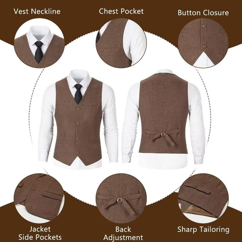 BOFAN Mens Tweed Herringbone Tuxedos Slim Fit 3 Pieces Blazer Suit Mens Wedding Suit Dress Tuxedos Prom Suit Jacket Vest Pants Brown-XS - Image 4