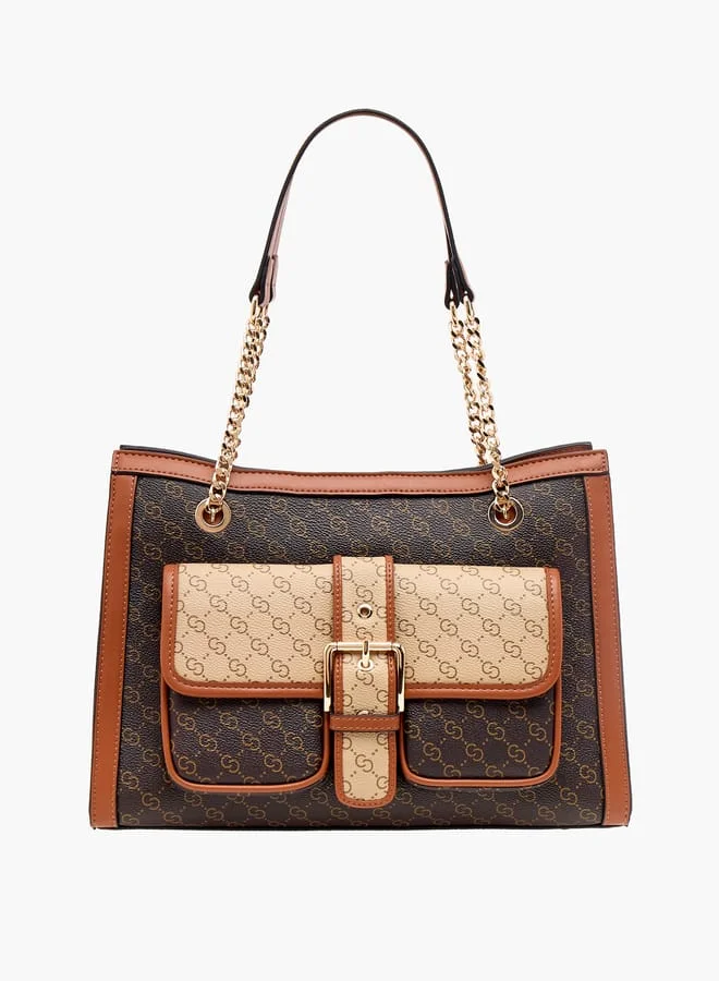 Celeste Women Monogram Print Tote Bag with Double Handle and Zip Closure