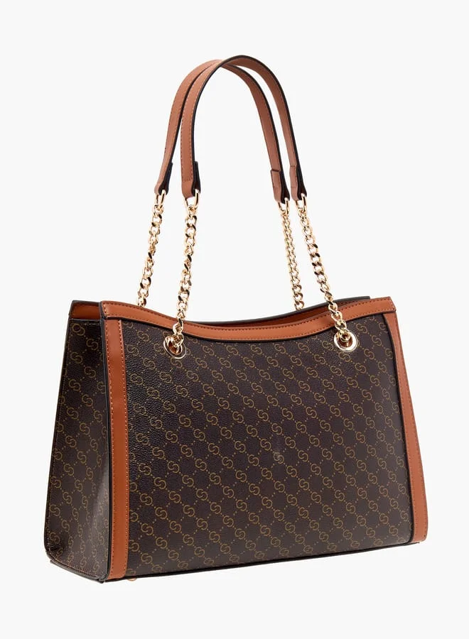 Celeste Women Monogram Print Tote Bag with Double Handle and Zip Closure