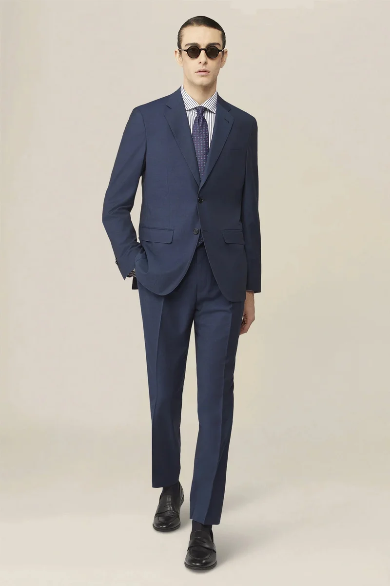 دوبل غانغر Men's single-breasted regular fit pheasant eye fabric suit - Blue