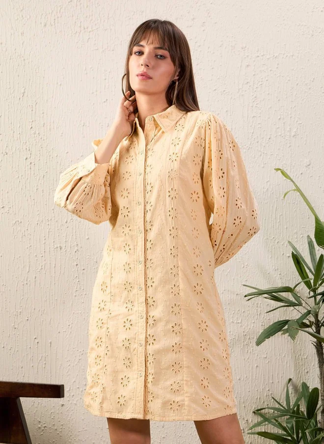SASSAFRAS Beige Schiffli Shirt Dress for Women