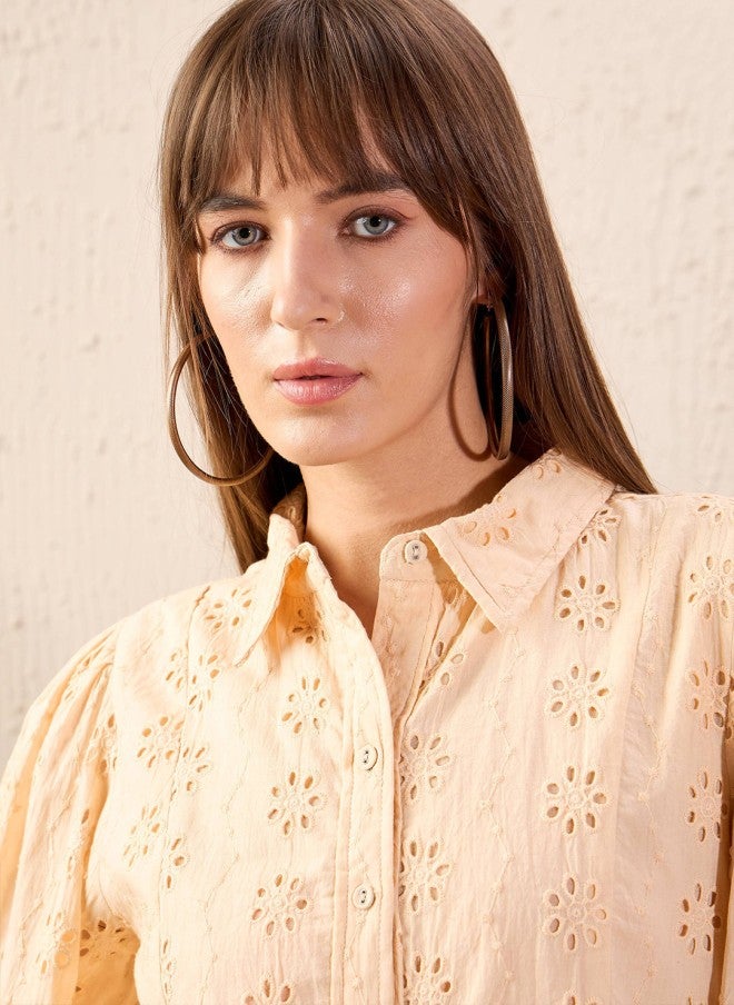 ساسافراس فستان قميص بيج مطرز للنساء - Image 3