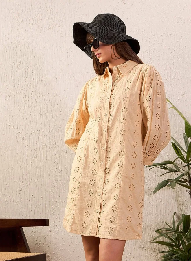 SASSAFRAS Beige Schiffli Shirt Dress for Women