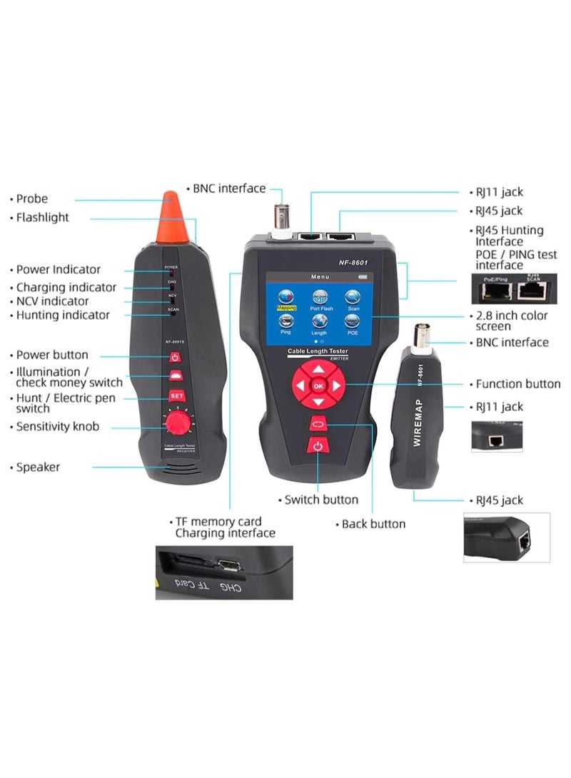 NOYAFA Multi-functional LCD Network Cable Tester Wire Tracker RJ11 RJ45 BNC Wire Length Finder with 8 Remote Adapters PING & POE Testing Functions - Image 5