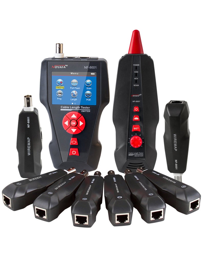 NOYAFA Multi-functional LCD Network Cable Tester Wire Tracker RJ11 RJ45 BNC Wire Length Finder with 8 Remote Adapters PING & POE Testing Functions - Image 1