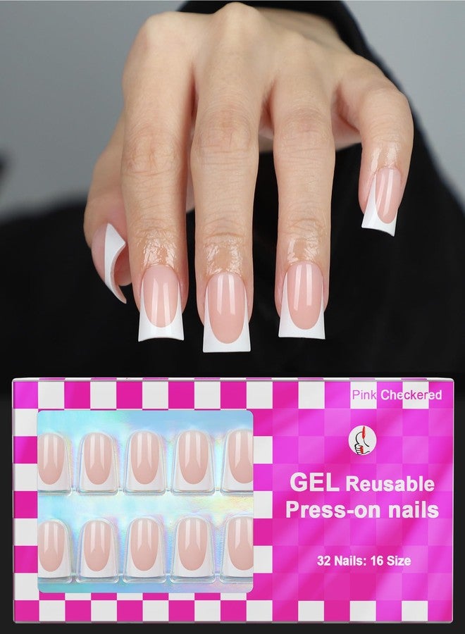 OIFEN 16 Sizes Short Duck Nails Press on, 32pcs Deep White French Tip Gel Nails for Women Manicure with Glue & Stick, Nude French - Image 1
