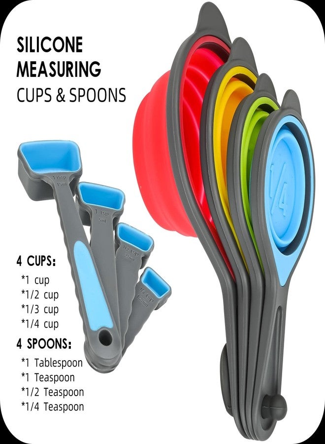 Hotsyang Collapsible Measuring Cups and Spoons Set,16 Pcs Portable Silicone Measuring Cups and Spoons for Liquid & Dry Measuring, Food Grade Silicone Measuring Tools Set, Yellow Green(Random Rainbow) - Image 2