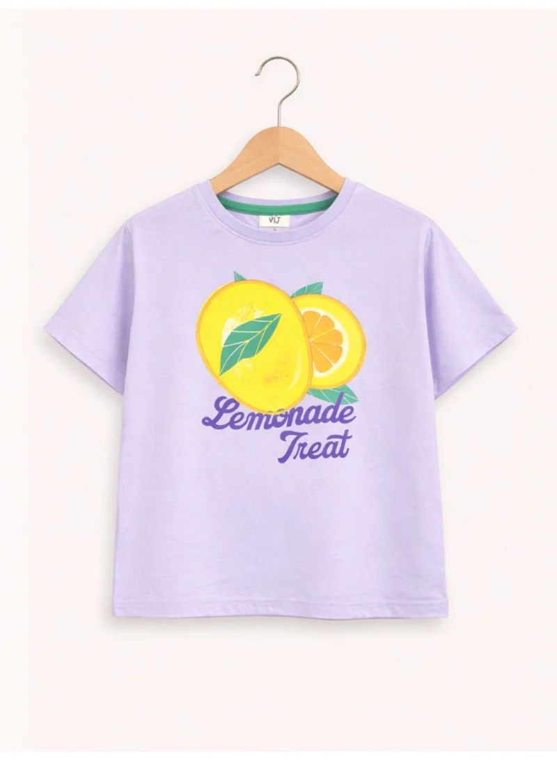 فكتور اند جين Girls Lemonade Treat Embellished T-Shirt (Lavender- Relaxed Fit)