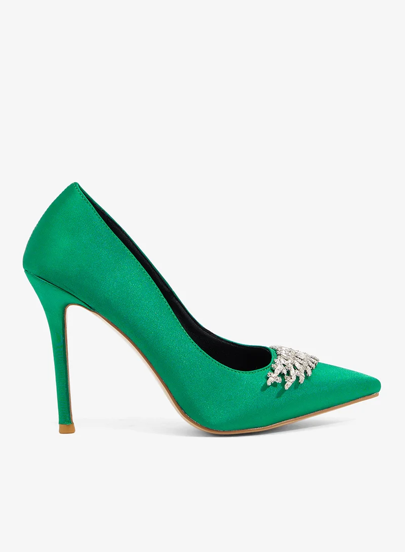green satin stiletto pump with winged encrusted buckle