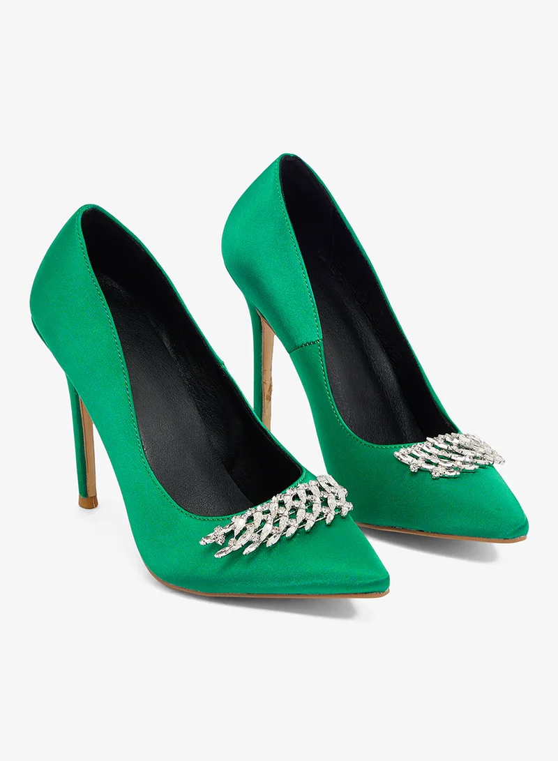 Khizana Green green satin stiletto pump with winged encrusted buckle for Women | Best Price UAE
