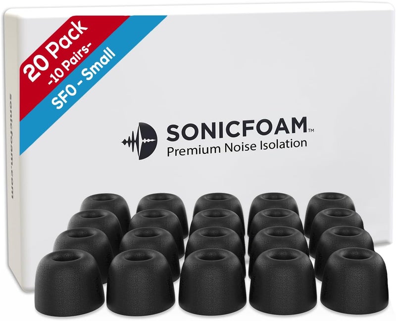 SONICFOAM أطراف قطن الذاكرة للسماعات الداخلية – عزل صوتي عالي الجودة، أطراف قطنية قابلة للتغيير، عبوة تحتوي على 20 زوجًا (الحجم الصغير، اللون الأسود) - Image 1