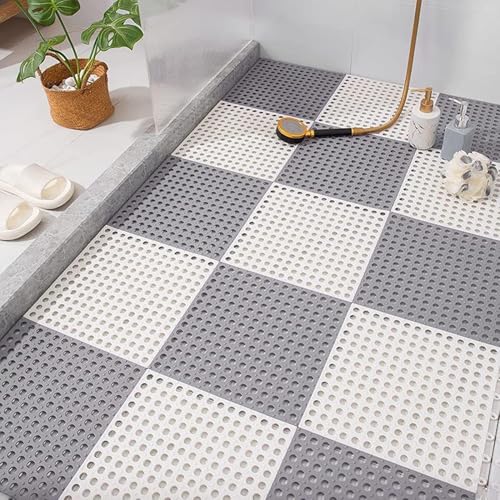 REDMART Interlocking Non-Slip Bathroom Floor Tiles with Drain Holes - Soft PVC Massage Bath Mats for Shower, Pool Deck, Patio & Garage - DIY Splicing Cushion Mat (Grey/White, Pack of [6]) - Image 1