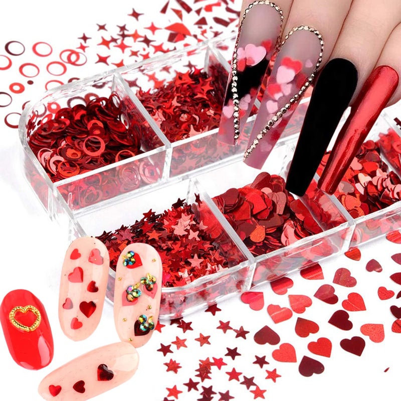 Laser Red Glitter Nail Art Sequins Holographic 3D Glitters Flakes Decor Love Heart Letters Butterfly Flowers Stars Circle Nail Art Designs for Women Manicure Charms Decorations False Nails Supplies