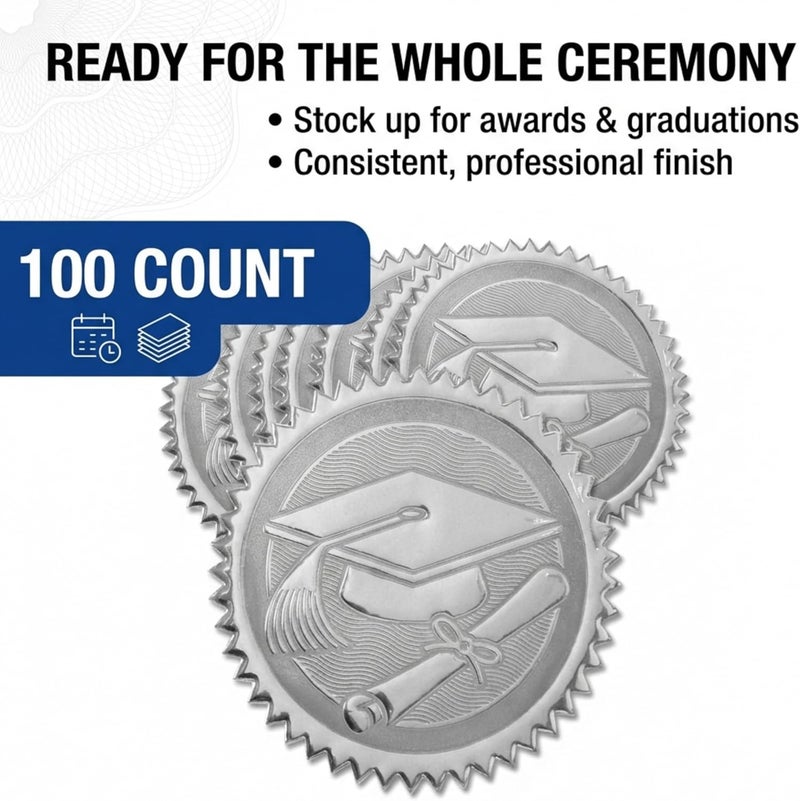 PaperDirect Embossed Graduation Cap and Diploma Silver Foil Certificate Seals, 2 Inch, Self Adhesive, 102 Count, Embossed Seals for Certificates, Achievement Award Stickers for School, Work, Diploma - Image 3