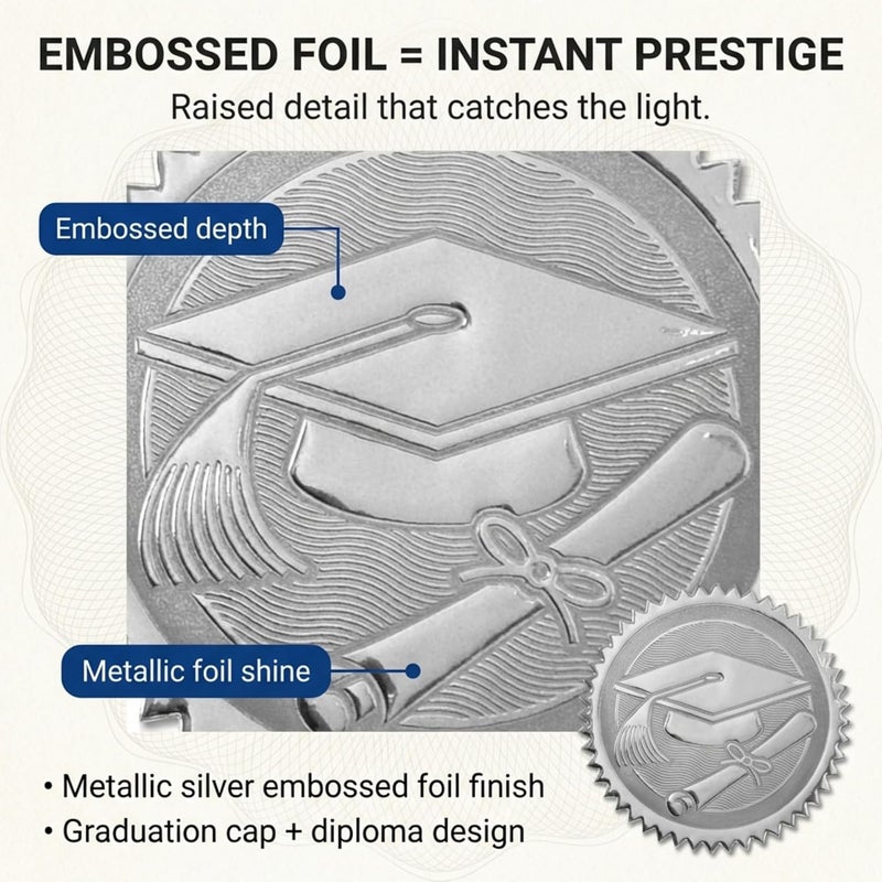 PaperDirect Embossed Graduation Cap and Diploma Silver Foil Certificate Seals, 2 Inch, Self Adhesive, 102 Count, Embossed Seals for Certificates, Achievement Award Stickers for School, Work, Diploma - Image 2