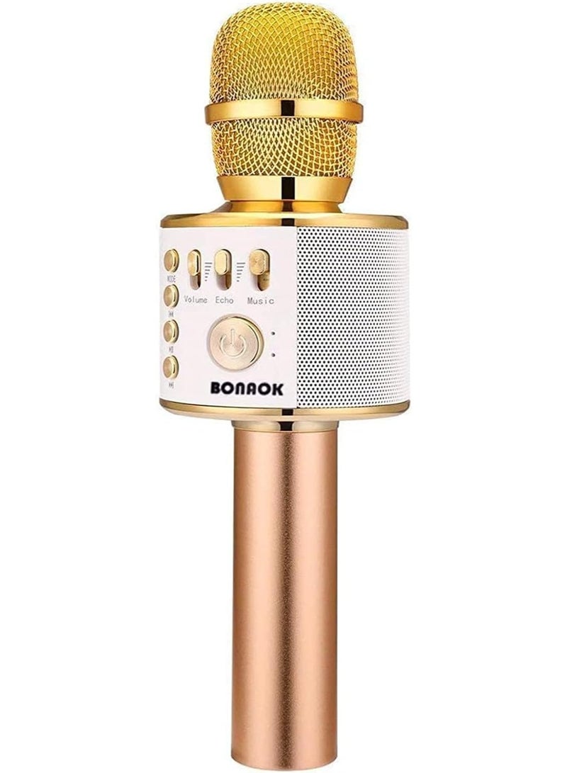 BONAOK ميكروفون كاريوكي لاسلكي بلوتوث BONAOK، 3 في 1 ميكروفون محمول يدوي مكبر صوت آلة حفلات منزلية عيد ميلاد لجميع الهواتف الذكية (Q37 ذهبى) - Image 1