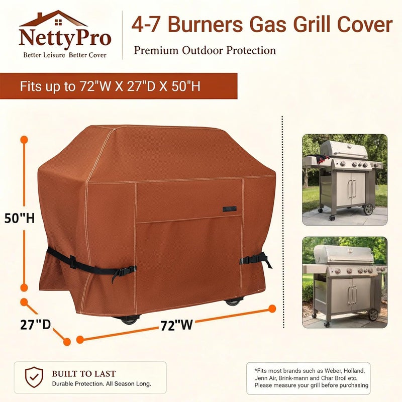 NettyPro غطاء شواية ، مقاس 72 بوصة، مقاوم للماء، عالي الجودة، مناسب لأجهزة Weber، Char-Broil، Nexgrill ذات 3-5 مواقد، بلون أسود. - Image 5