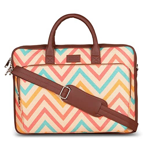 ZOUK Laptop Bag for Women - Handmade Bag for 15.6 inch Laptop, MacBook - Vegan Leather Office Bags with Detachable Shoulder Strap - Perfect Handbag for Ladies - WavBeach Print - Image 1