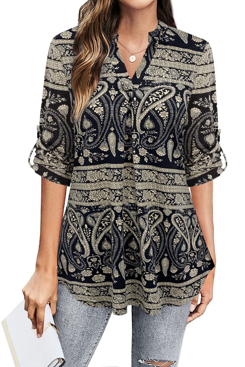 BEPEI 3/4 Sleeve Blouses for Women,Stretchy Loose Fitting Tunic Top Elbow Length Sleeve High V Neck Boutique Clothing Classic Floral Peasant Plain Tee Shirt Dress Fall Knit Jersey Black Beige Medium - Image 2