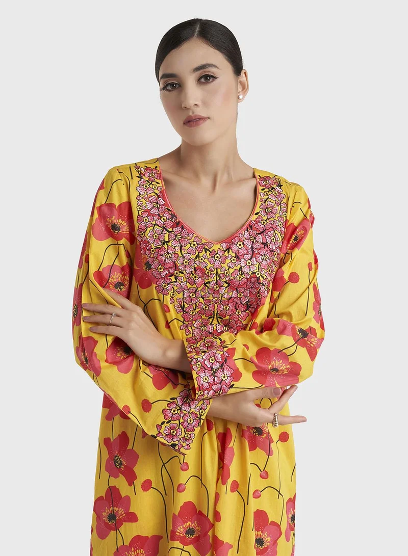 كشخة Yellow Floral Print Liberty Cotton Jalabiya (VW435)