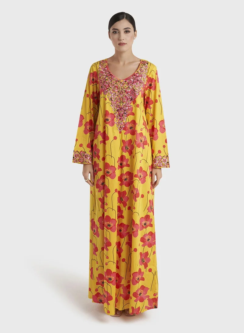 كشخة Yellow Floral Print Liberty Cotton Jalabiya (VW435)