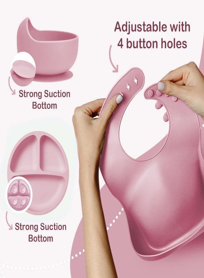 Edtepy 6PCS Silicone Baby Feeding Set - Suction Bowl, Divided Plate, Bib, Spoon, Fork & Sippy Cup | BPA-Free, Food-Grade | Self-Feeding Utensils for Toddlers 6+ Months - Dishwasher Safe (Pastel Pink) - Image 4