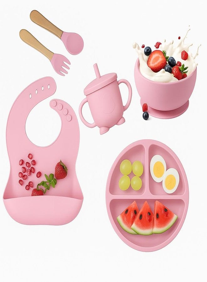 Edtepy 6PCS Silicone Baby Feeding Set - Suction Bowl, Divided Plate, Bib, Spoon, Fork & Sippy Cup | BPA-Free, Food-Grade | Self-Feeding Utensils for Toddlers 6+ Months - Dishwasher Safe (Pastel Pink) - Image 1