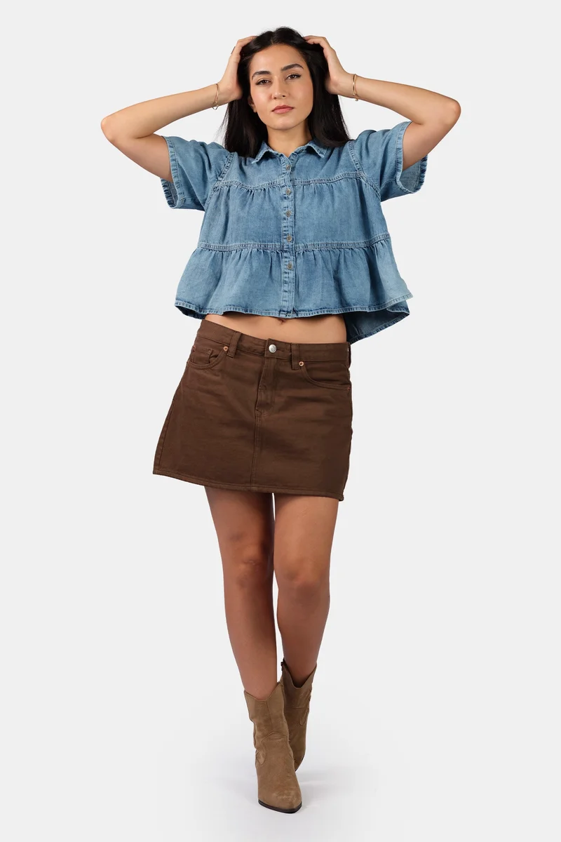Virgio Solid Cotton Tiered Cropped Denim Shirt for Women
