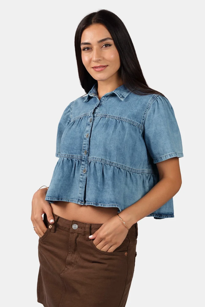 فيرجيو Solid Cotton Tiered Cropped Denim Shirt for Women