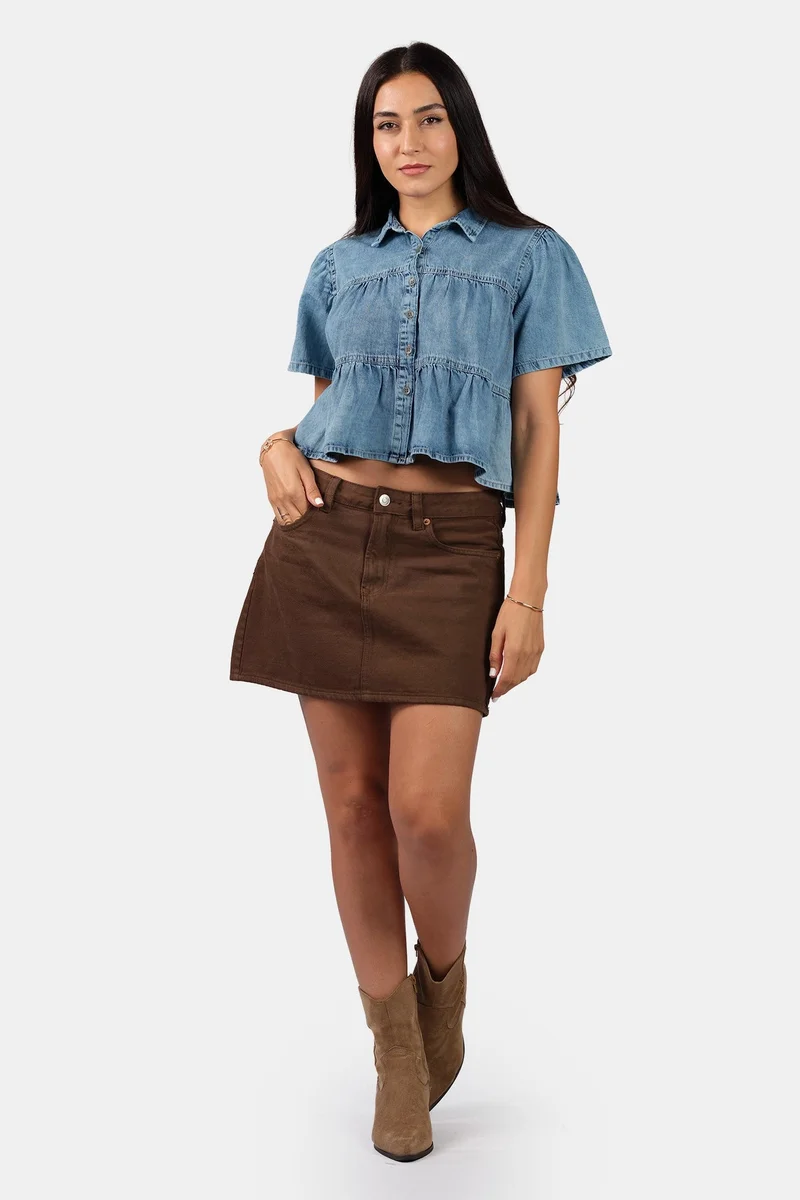Virgio  Solid Cotton Tiered Cropped Denim Shirt for Women for Women | Best Price UAE