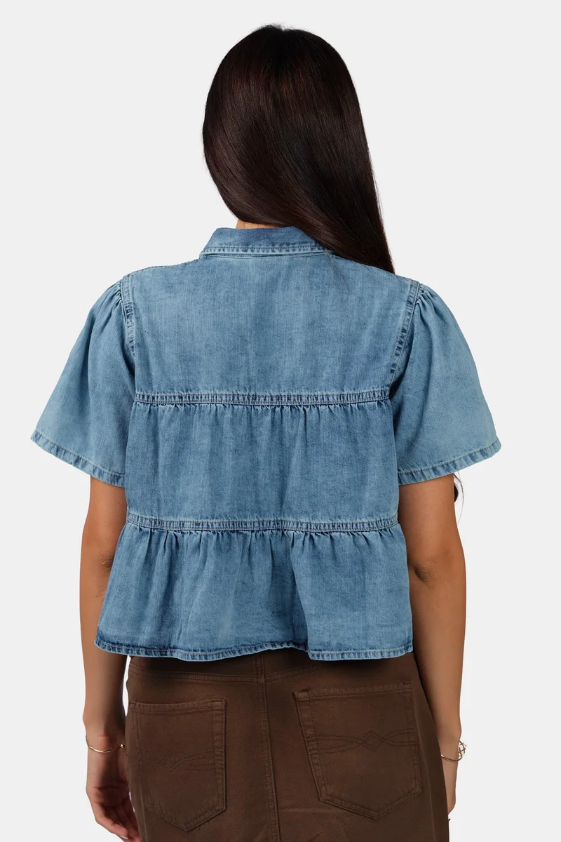 Virgio  Solid Cotton Tiered Cropped Denim Shirt for Women for Women | Best Price UAE