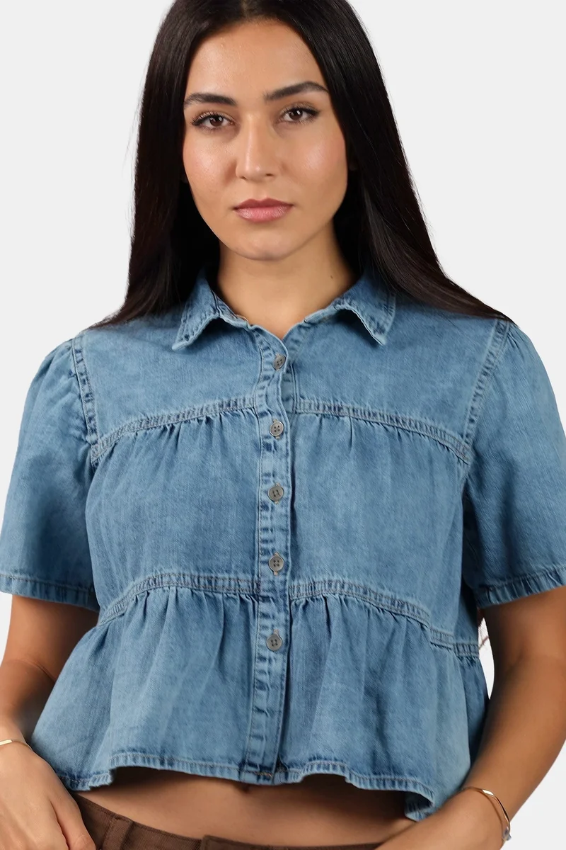 Solid Cotton Tiered Cropped Denim Shirt for Women