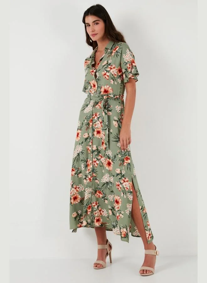 ليلا فستان ماكسي بياقة قميص مشقوق بنقشة ليلا للنساء