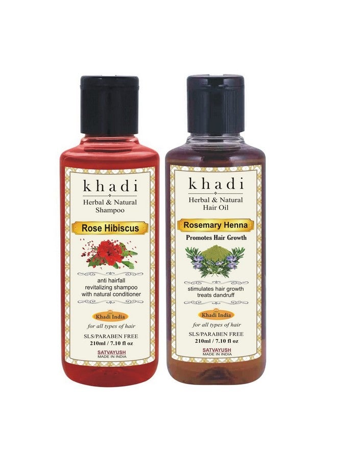 Satvayush Khadi Hibiscus Rose Shampoo & Khadi Rosemary Henna Herbal & Natural Hair Oil (Pack Of 2) 210 Ml Each - Image 1