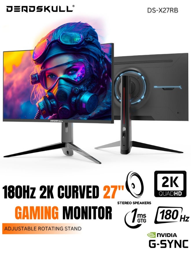 دايد سكل شاشة ألعاب منحنية مقاس 27 بوصة بدقة 2K QHD 2560 × 1440 ومعدل تحديث 180 هرتز ووقت استجابة 1 مللي ثانية وتقنية AMD FreeSync (متوافقة مع NVIDIA G-Sync)، ولوحة IPS مع مكبر صوت مدمج