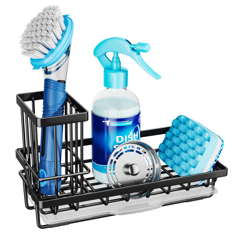 Consumest Sponge Holder for Kitchen Sink  Kitchen Sink Caddy Organizer with Removable Drip Tray for Countertop Dish Soap Dispenser Brush Storage Accessories 304 Stainless Steel  Black